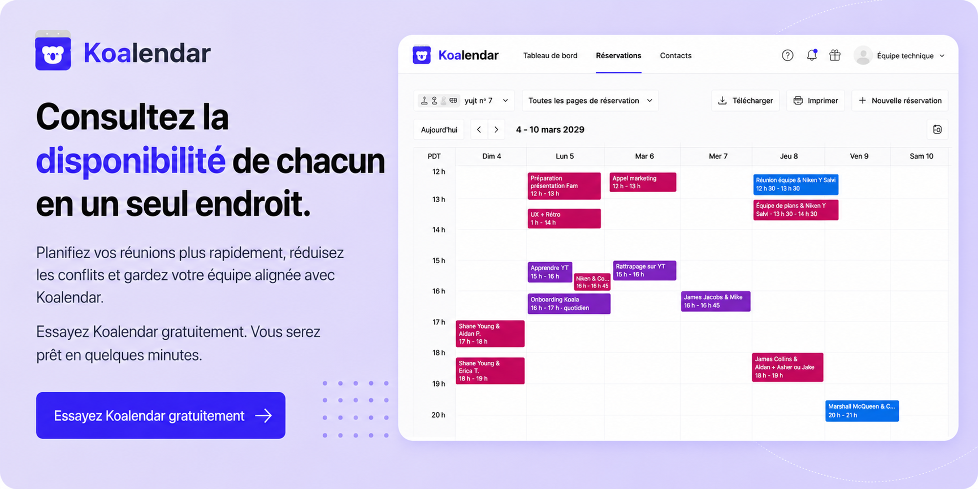 Bannière de vue d’équipe Koalendar pour vérifier la disponibilité des membres